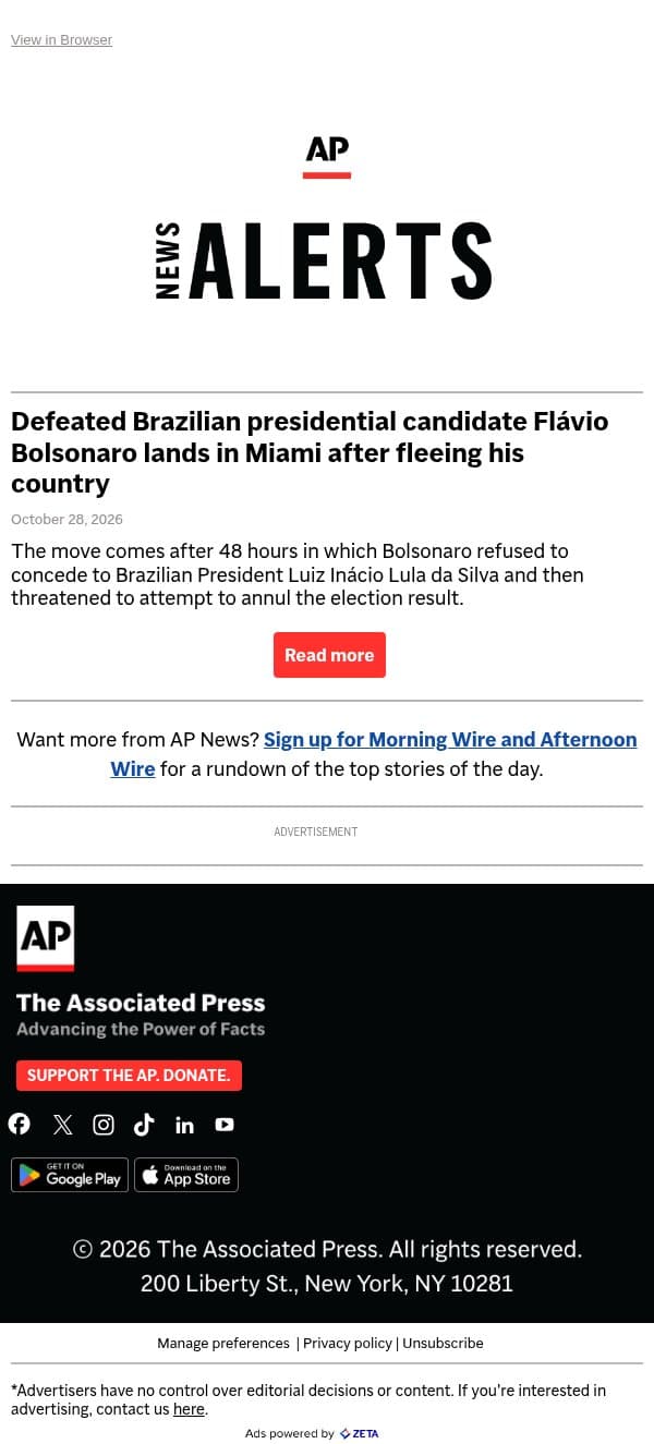 Defeated Brazilian presidential candidate Flávio Bolsonaro lands in Miami after fleeing his country email from Associated Press screenshot