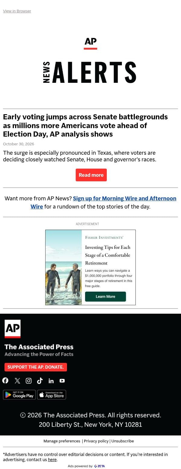 Early voting jumps across Senate battlegrounds as millions more Americans vote ahead of Election Day, AP analysis shows email from Associated Press screenshot