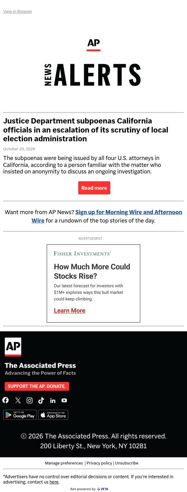 Justice Department subpoenas California officials in an escalation of its scrutiny of local election administration email from Associated Press screenshot