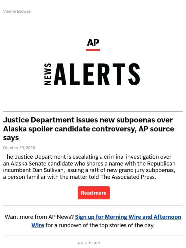 Justice Department issues new subpoenas over Alaska spoiler candidate controversy, AP source says email from Associated Press