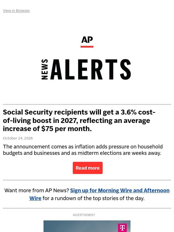 Social Security recipients will get a 3.6% cost-of-living boost in 2027, reflecting an average increase of $75 per month. email from Associated Press