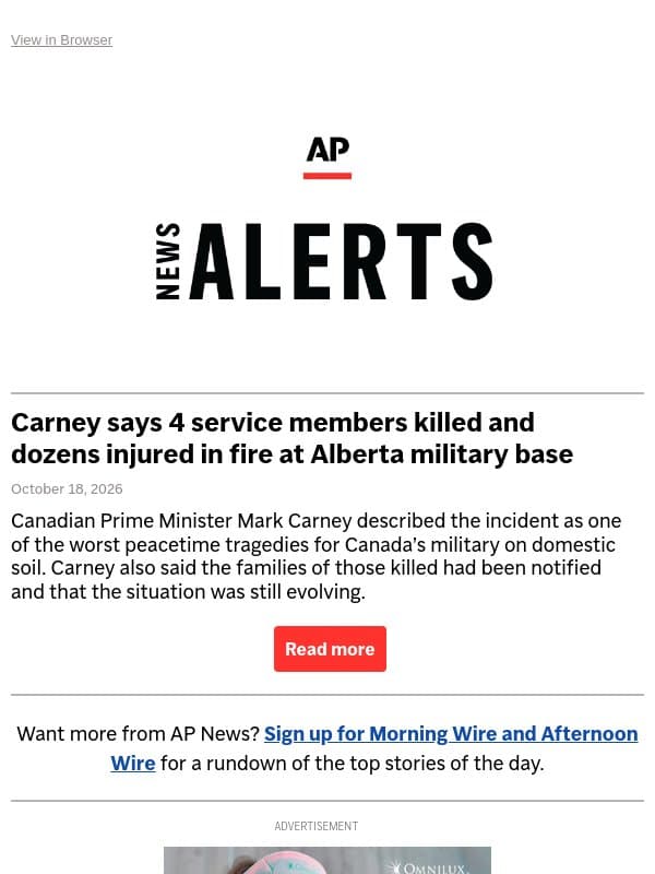 Carney says 4 service members killed and dozens injured in fire at Alberta military base email from Associated Press