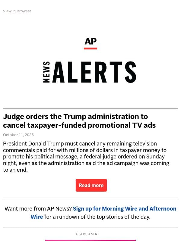 Judge orders the Trump administration to cancel taxpayer-funded promotional TV ads email from Associated Press