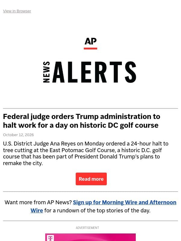 Federal judge orders Trump administration to halt work for a day on historic DC golf course email from Associated Press