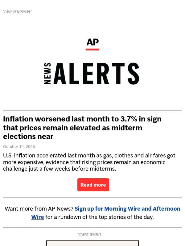 Inflation worsened last month to 3.7% in sign that prices remain elevated as midterm elections near email from Associated Press