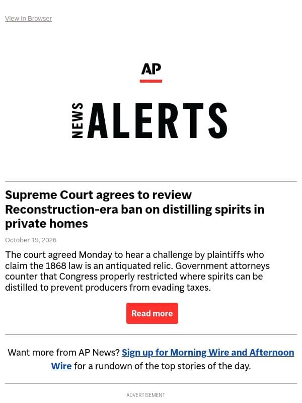 Supreme Court agrees to review Reconstruction-era ban on distilling spirits in private homes email from Associated Press