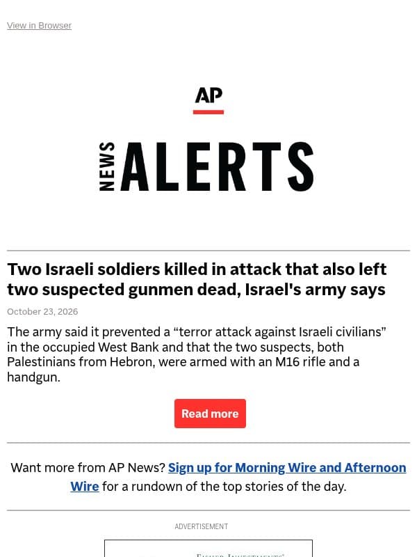 Two Israeli soldiers killed in attack that also left two suspected gunmen dead, Israel's army says email from Associated Press
