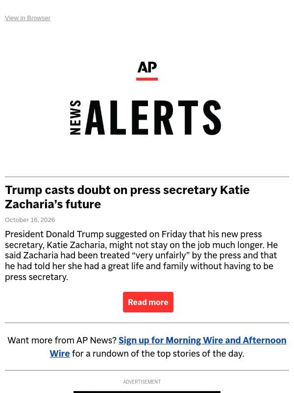 Trump casts doubt on press secretary Katie Zacharia’s future email from Associated Press