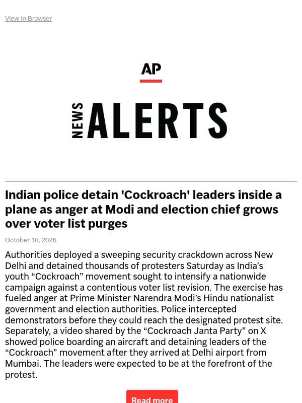 India cracks down on 'Cockroach' protests over voter list purges email from Associated Press
