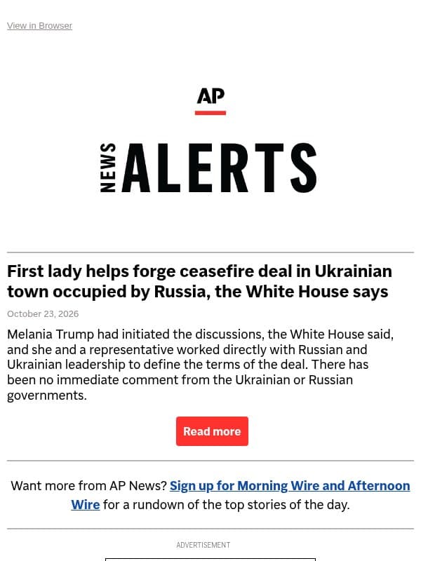 First lady helps forge ceasefire deal in Ukrainian town occupied by Russia, the White House says email from Associated Press