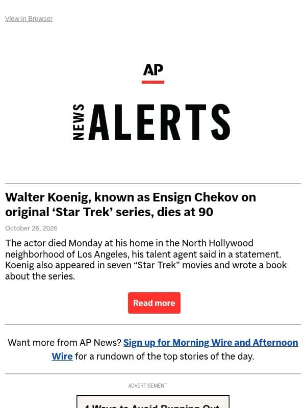 Walter Koenig, known as Ensign Chekov on original ‘Star Trek’ series, dies at 90 email from Associated Press