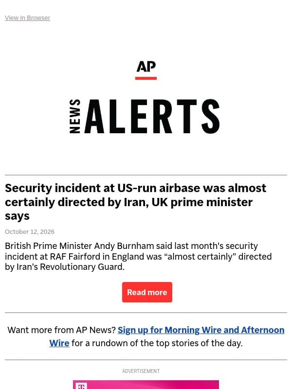 Security incident at US-run airbase was almost certainly directed by Iran, UK prime minister says email from Associated Press