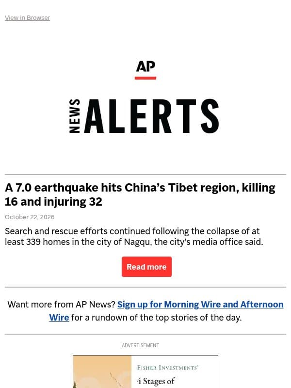 A 7.0 earthquake hits China’s Tibet region, killing 16 and injuring 32 email from Associated Press