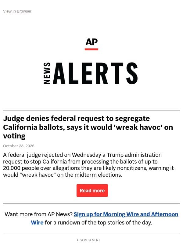 Judge denies federal request to segregate California ballots, says it would 'wreak havoc' on voting email from Associated Press