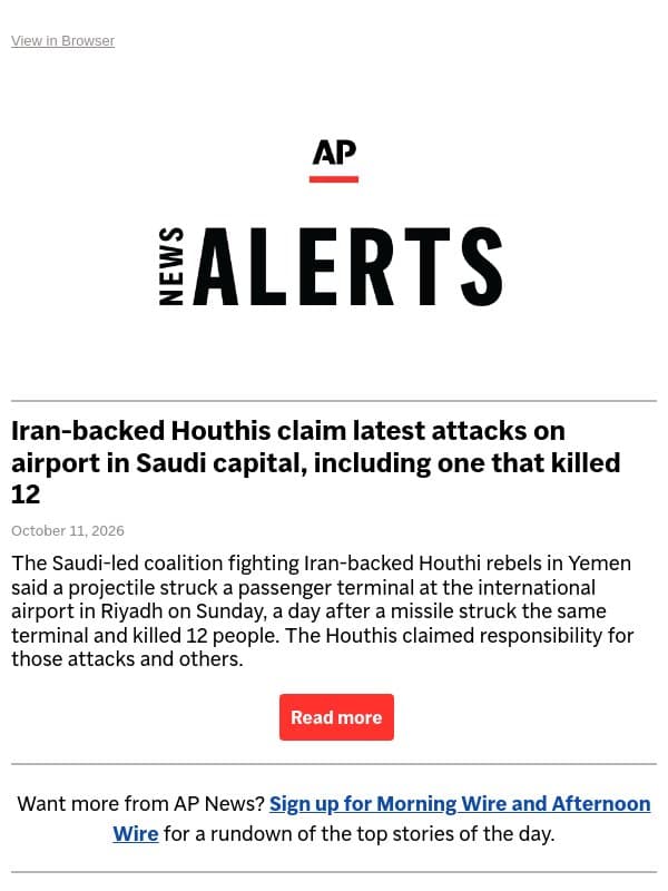 Iran-backed Houthis claim latest attacks on airport in Saudi capital, including one that killed 12 email from Associated Press
