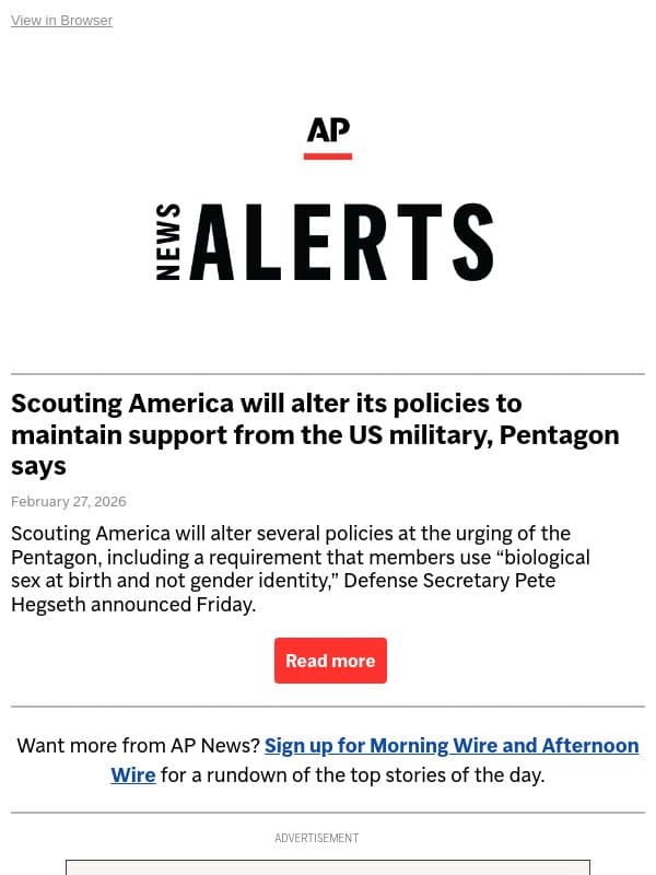 Scouting America will alter its policies to maintain support from the US military, Pentagon says email from Associated Press