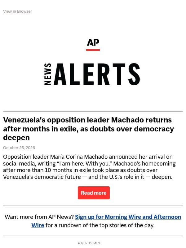 Venezuela's opposition leader Machado returns after months in exile, as doubts over democracy deepen email from Associated Press