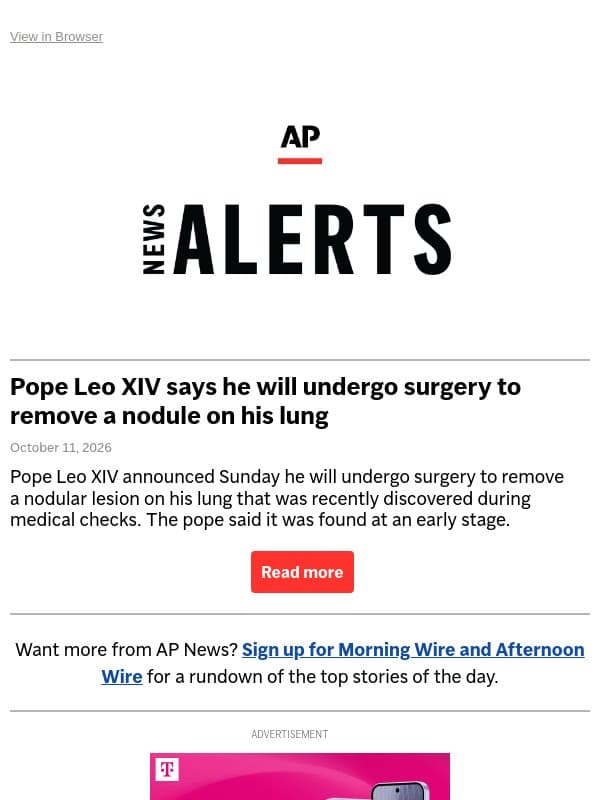 Pope Leo XIV says he will undergo surgery to remove a nodule on his lung email from Associated Press