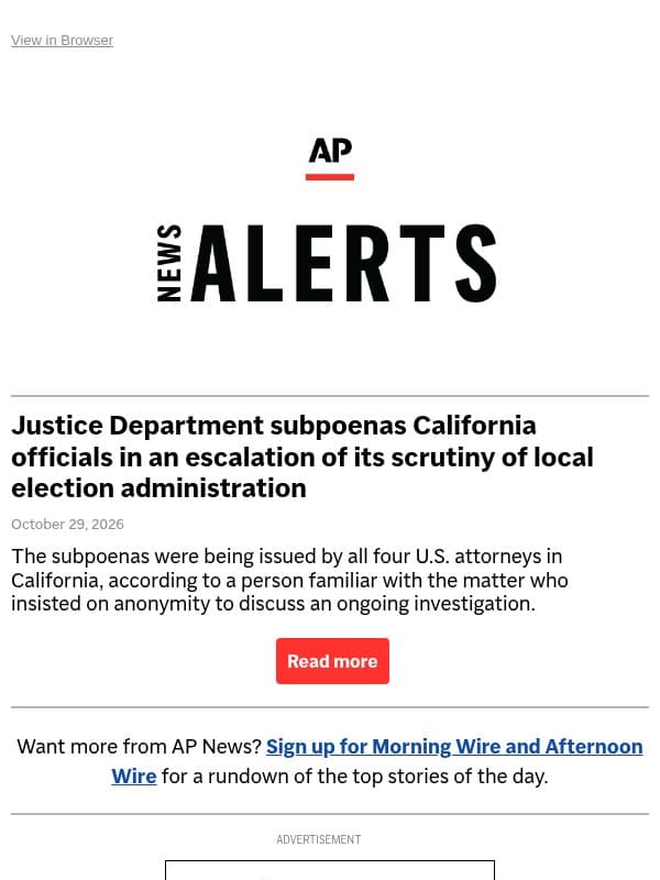 Justice Department subpoenas California officials in an escalation of its scrutiny of local election administration email from Associated Press