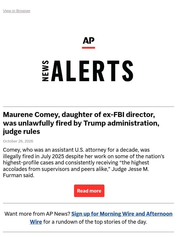 Maurene Comey, daughter of ex-FBI director, was unlawfully fired by Trump administration, judge rules email from Associated Press
