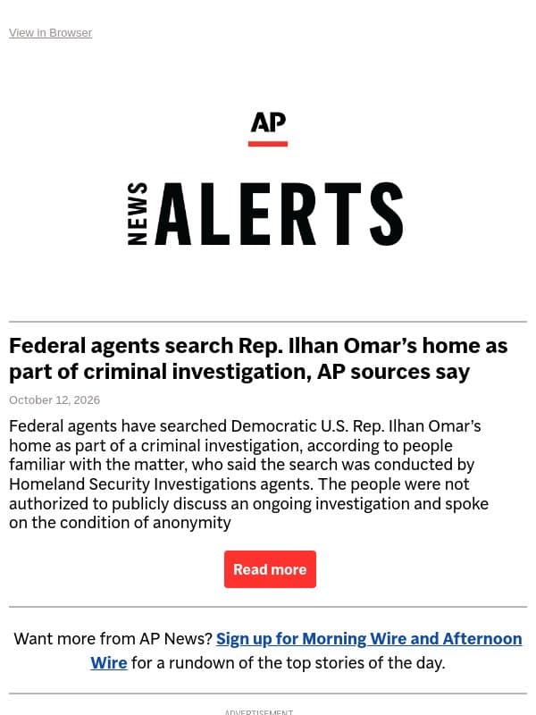 Federal agents search Rep. Ilhan Omar’s home as part of criminal investigation, AP sources say email from Associated Press