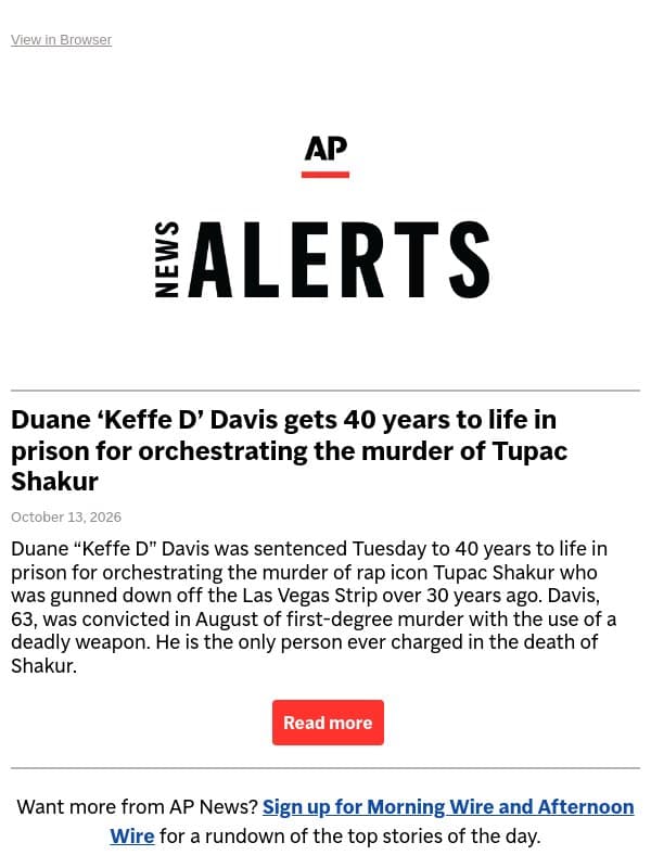 Duane ‘Keffe D’ Davis gets 40 years to life in prison for orchestrating the murder of Tupac Shakur email from Associated Press