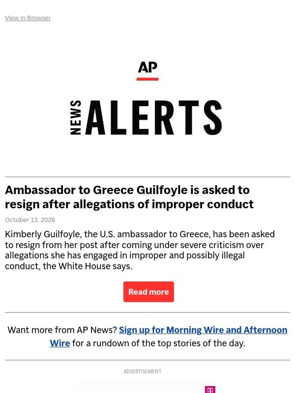 Ambassador to Greece Guilfoyle is asked to resign after allegations of improper conduct email from Associated Press