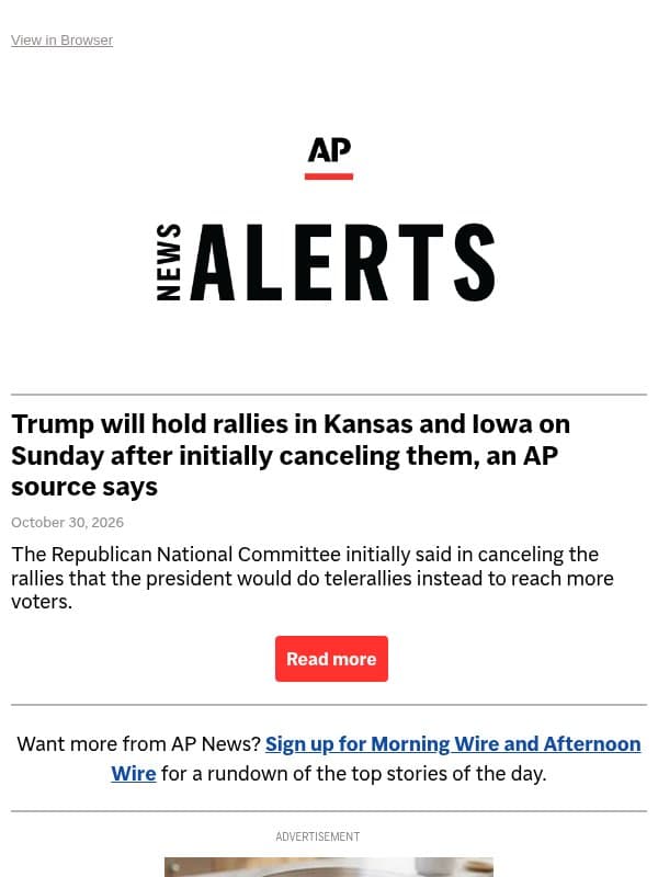 Trump will hold rallies in Kansas and Iowa on Sunday after initially canceling them, an AP source says email from Associated Press