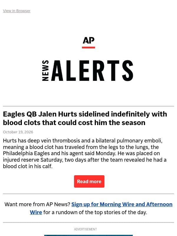 Eagles QB Jalen Hurts sidelined indefinitely with blood clots that could cost him the season email from Associated Press