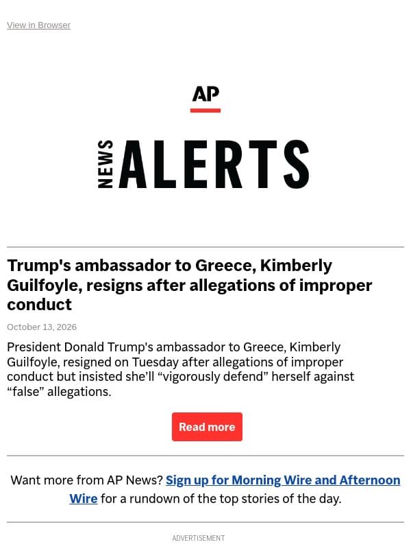 Trump's ambassador to Greece, Kimberly Guilfoyle, resigns after allegations of improper conduct email from Associated Press