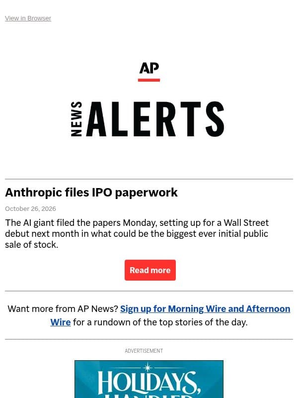 Anthropic files IPO paperwork email from Associated Press