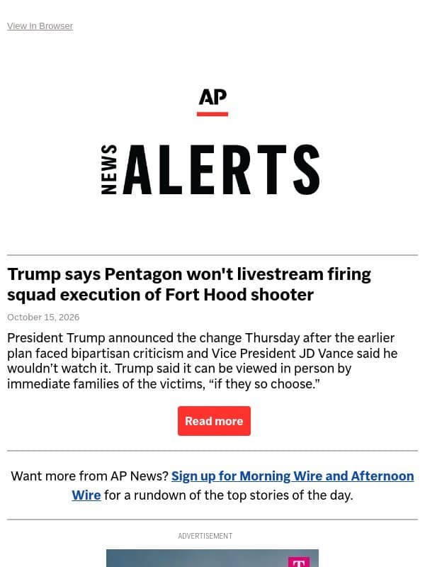 Trump says Pentagon won't livestream firing squad execution of Fort Hood shooter email from Associated Press