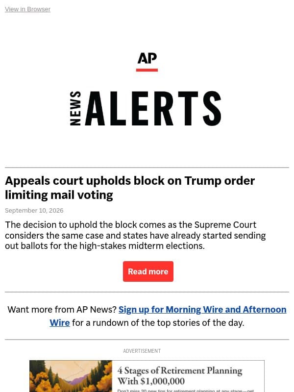 Appeals court upholds block on Trump order limiting mail voting email from Associated Press
