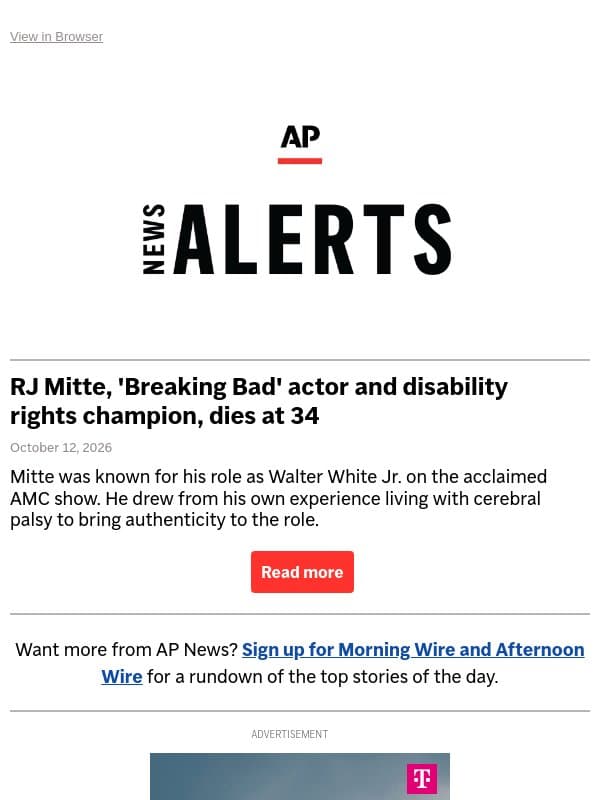 RJ Mitte, 'Breaking Bad' actor and disability rights champion, dies at 34 email from Associated Press