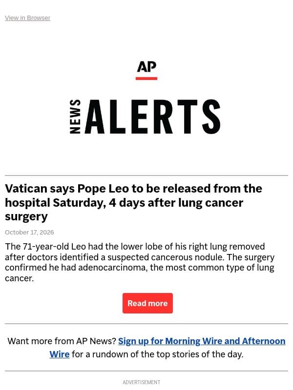 The Vatican says Pope Leo will be released from the hospital email from Associated Press