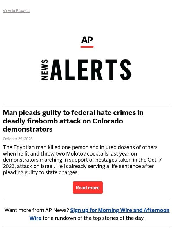 Man pleads guilty to federal hate crimes in deadly firebomb attack on Colorado demonstrators email from Associated Press