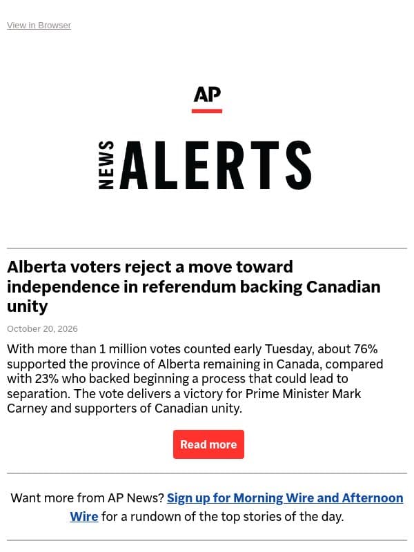 Alberta voters reject a move toward independence in referendum backing Canadian unity email from Associated Press