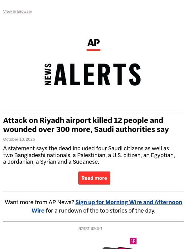 Attack on Riyadh airport killed 12 people and wounded over 300 more, Saudi authorities say email from Associated Press