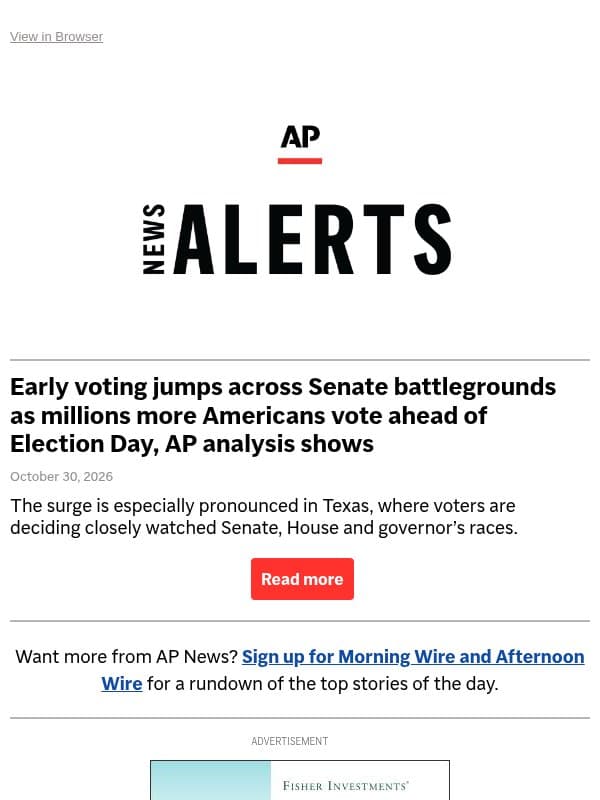 Early voting jumps across Senate battlegrounds as millions more Americans vote ahead of Election Day, AP analysis shows email from Associated Press