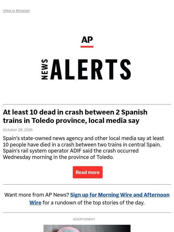At least 10 dead in crash between 2 Spanish trains in Toledo province, local media say email from Associated Press