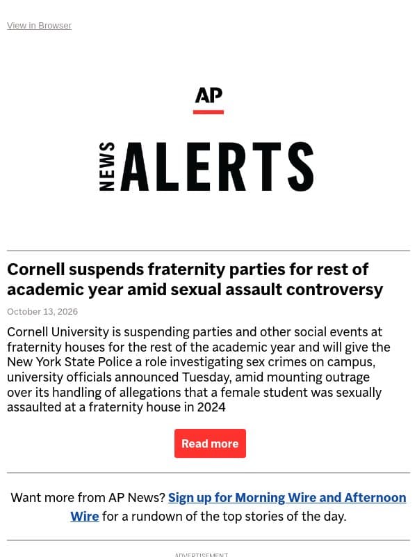 Cornell suspends fraternity parties for rest of academic year amid sexual assault controversy email from Associated Press