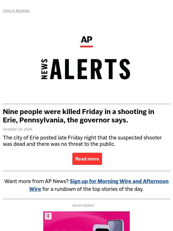 Nine people were killed Friday in a shooting in Erie, Pennsylvania, the governor says. email from Associated Press