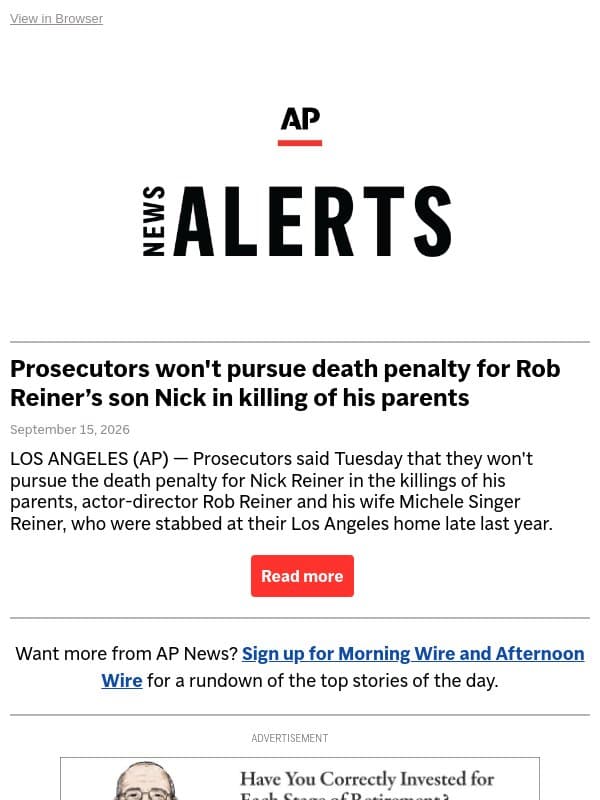 Prosecutors won't pursue death penalty for Rob Reiner’s son Nick in killing of his parents email from Associated Press