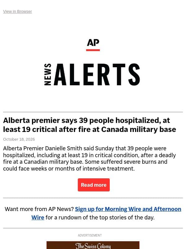 Alberta premier says 39 people hospitalized, at least 19 critical after fire at Canada military base email from Associated Press