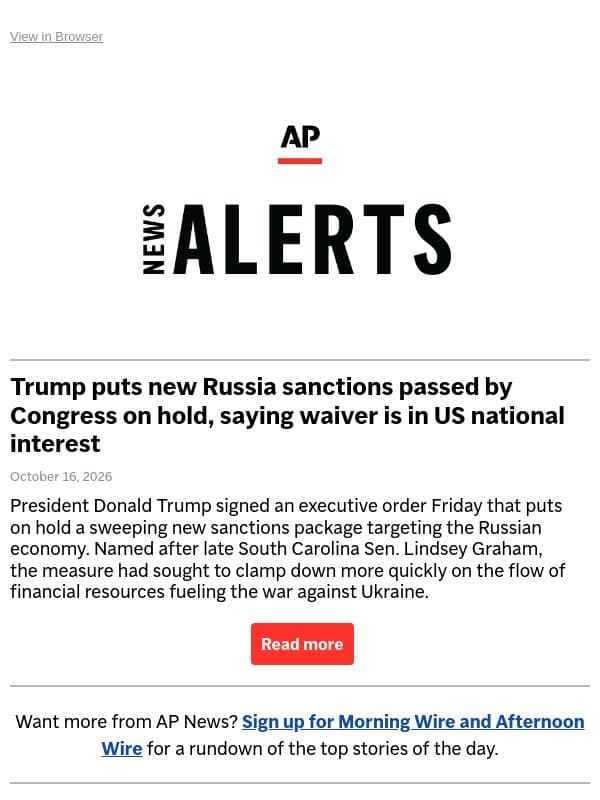 Trump puts new Russia sanctions passed by Congress on hold, saying waiver is in US national interest email from Associated Press