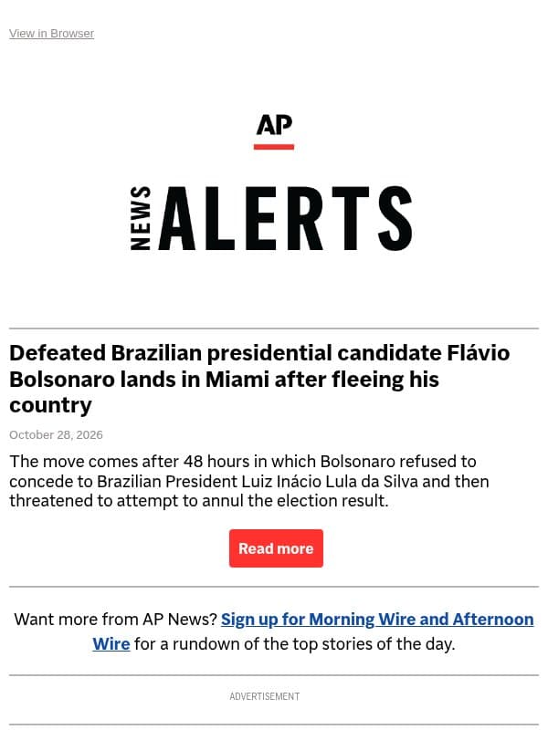 Defeated Brazilian presidential candidate Flávio Bolsonaro lands in Miami after fleeing his country email from Associated Press