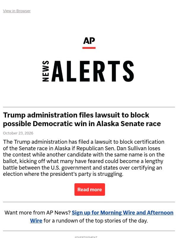 Trump administration files lawsuit to block possible Democratic win in Alaska Senate race email from Associated Press