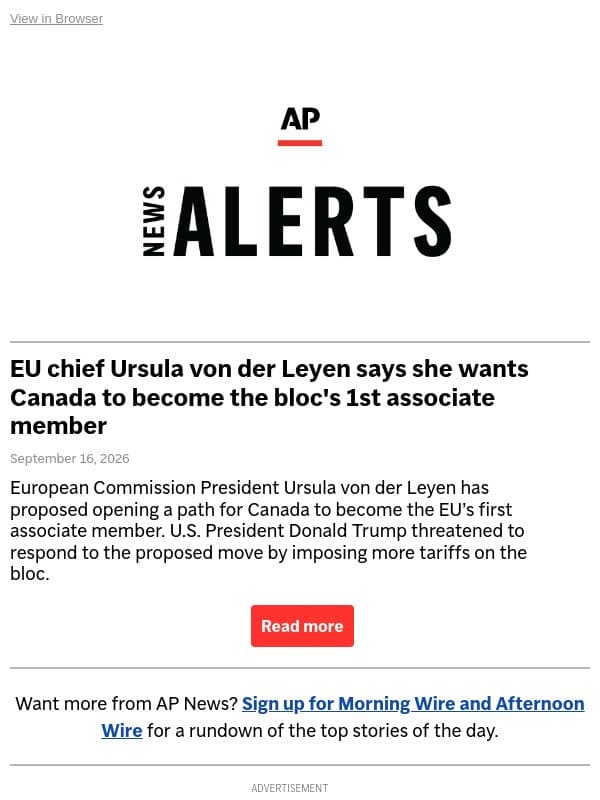 EU chief Ursula von der Leyen says she wants Canada to become the bloc's 1st associate member email from Associated Press