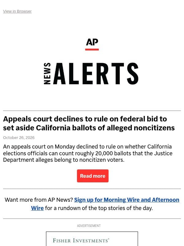 Appeals court declines to rule on federal bid to set aside California ballots of alleged noncitizens email from Associated Press