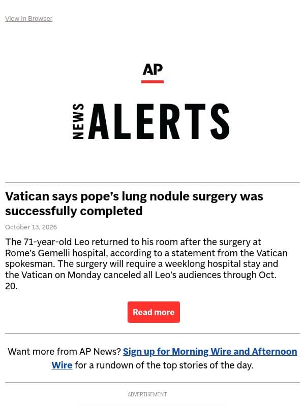 Vatican says pope’s lung nodule surgery was successfully completed email from Associated Press